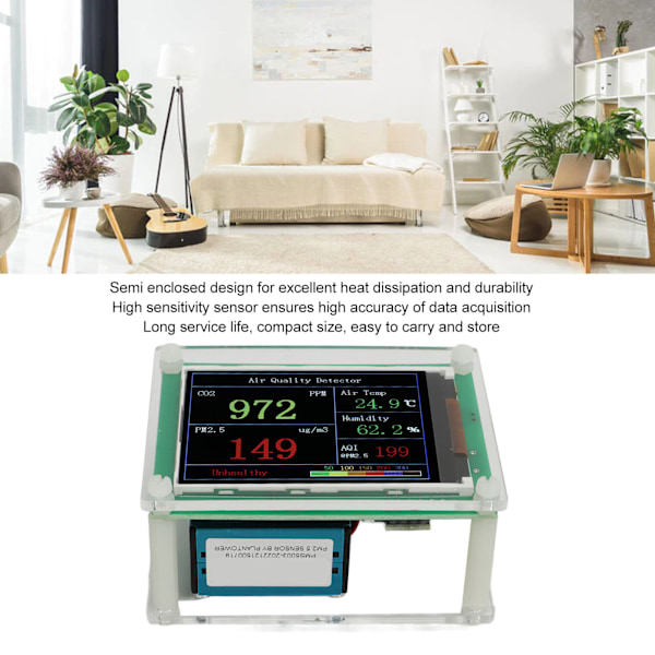 Luftkvalitetsmätare Hem Koldioxiddetektor Hög Precisionssensor Luftkvalitetsdetektor för PM2.5 Temperatur Fuktighetstestning