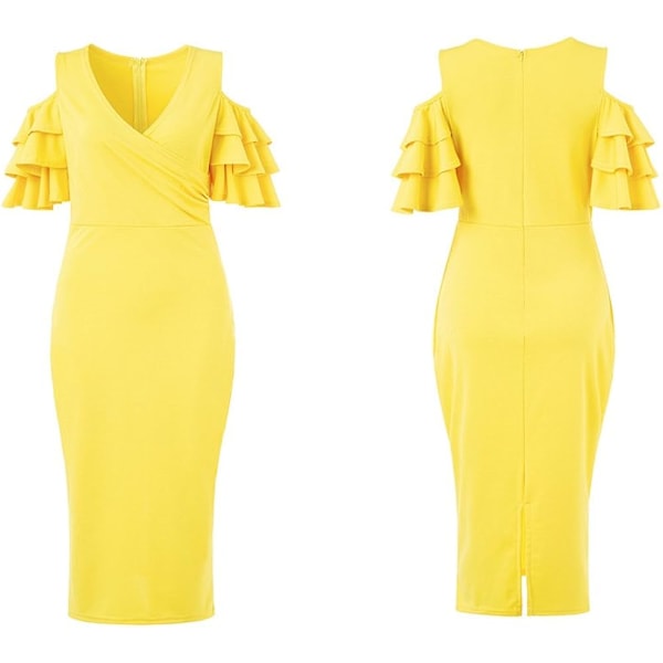 Solid Flounced Ermer med Kald Skulder V-Hals Elegant Sexy Fest Kvelds Midi Kjole Bodycon Kjole