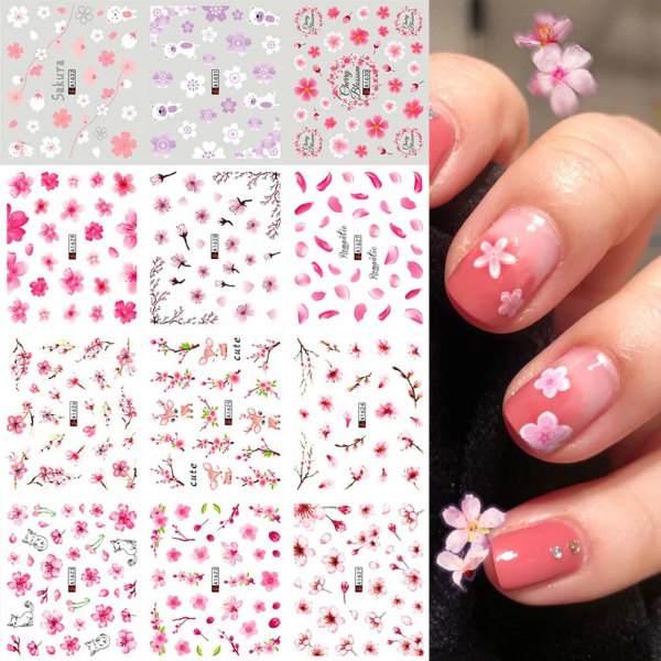 Sakura Nail Water Stickers Dekaler Pink Cherry Blossoms Tree