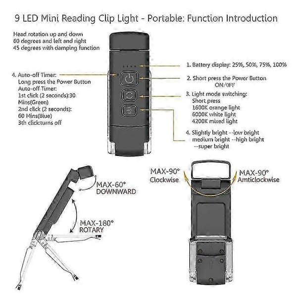 Portable Rechargeable Reading Light with Timer Function for Nighttime Bedside Reading Black