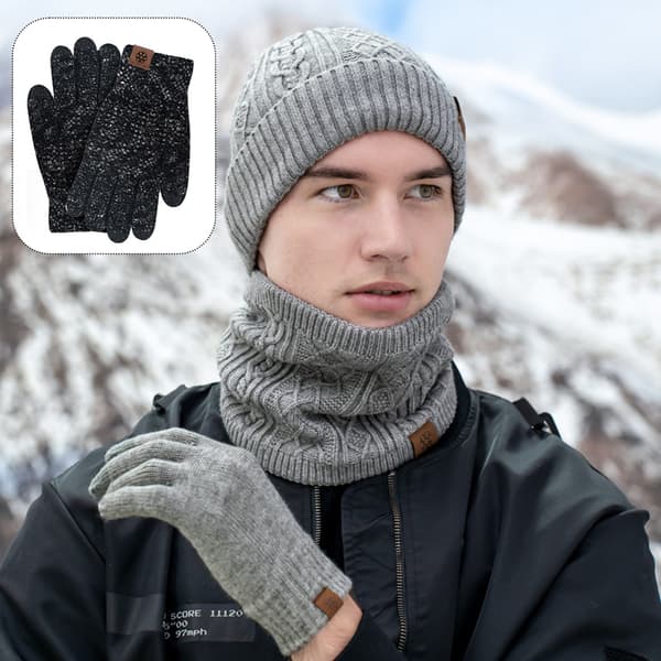 Scarf Touchscreen Gloves Large Hat Scarf Gloves Set Thick Knitted Beanie[TT] Black+gray
