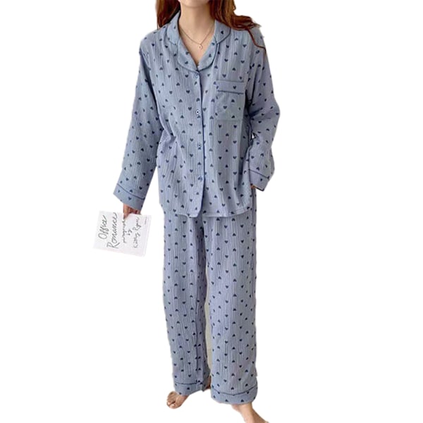 Dam Pyjamas Set med Knappar Långärmad Hjärtmönster Nedåtvänd Krage Lös Mjuk Dam Nattkläder för Vår Höst Hem Blå M