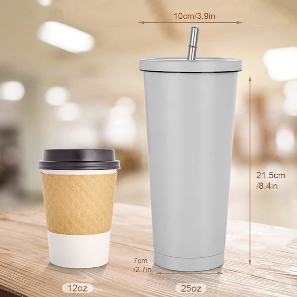 750 ml resekopp, dubbelväggig kopp i rostfritt stål, vakuumisolerad vattenflaska, isolerad vattenkaffekopp, dubbelväggkopp med sugrör, borste och