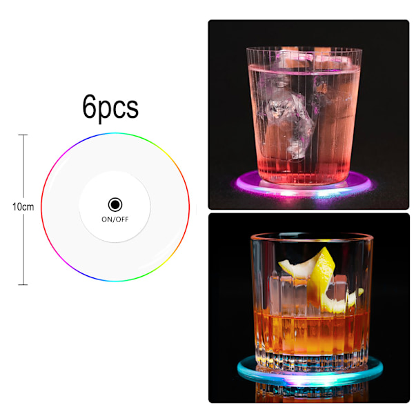 LED-underlägg, 6-pack Luminous Underlägg Akryl LED-underlägg Färgväxlande för Glas Bar Juice Öl Bröllop Julfest Dekoration Present