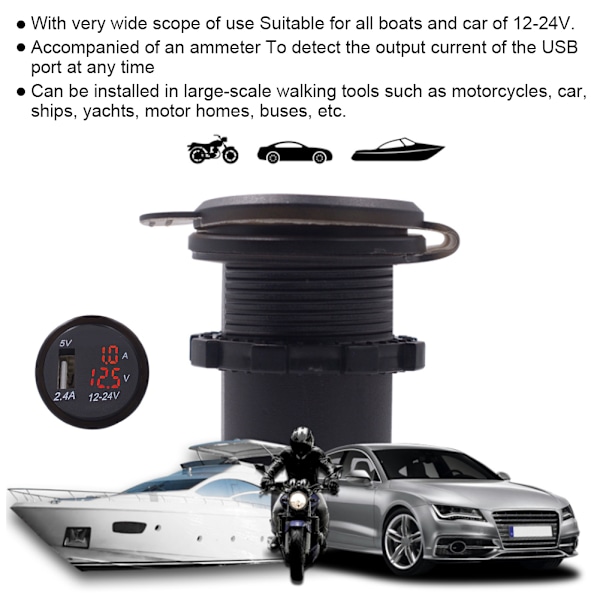 DC12-24V 2.1A 3 i 1 Multifunktionel Digital LED Vandtæt Termometer Voltmeter Bil USB Hurtiglader Rød Lys
