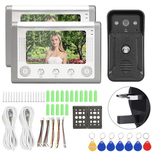 7 tum 2 Displayenheter Nattseende Dörrklocka TFT ID-kort Intercomkamera Videodörrtelefon 100-240VUK-kontakt