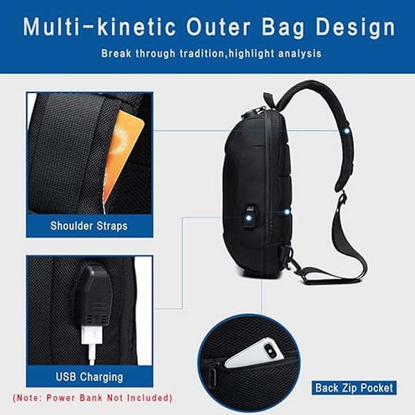 Sling-laukku unisex olkalaukku vaellusmatkailu rinnassa kannettava laukku USB-portti monitoiminen vapaa-ajan rinnassa kannettava laukku