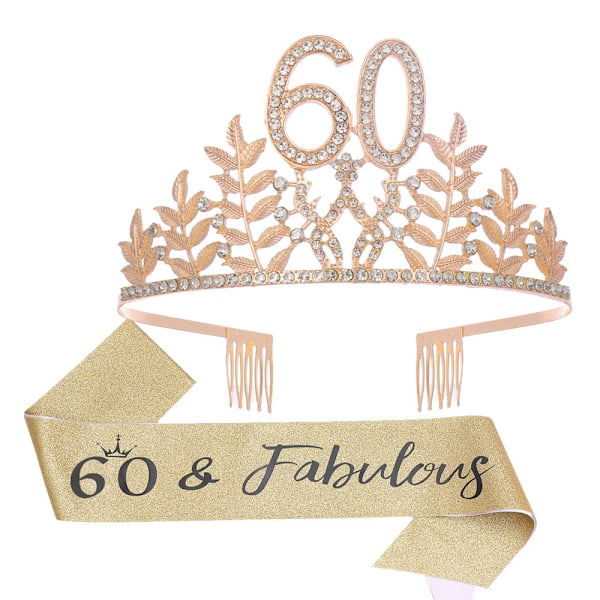 60-årsdag Sash och Crown hårband för kvinnor, födelsedagskrona för Happy 60th Birthday Party Dekorationer