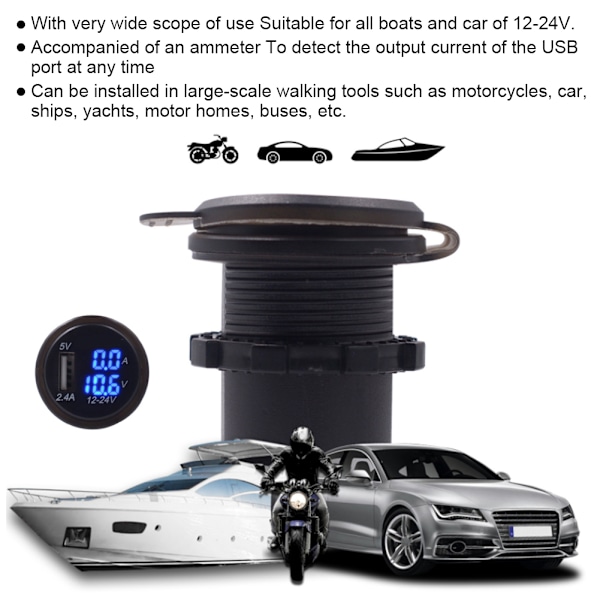 2.4A 3-i-1 Multifunktionell Digital LED IP66 Bil USB Laddare Termometer Voltmeter