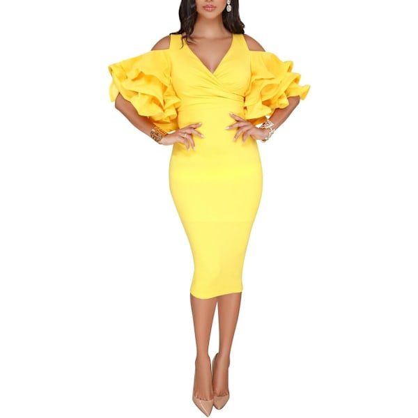 Solid Flounced Ermer med Kald Skulder V-Hals Elegant Sexy Fest Kvelds Midi Kjole Bodycon Kjole