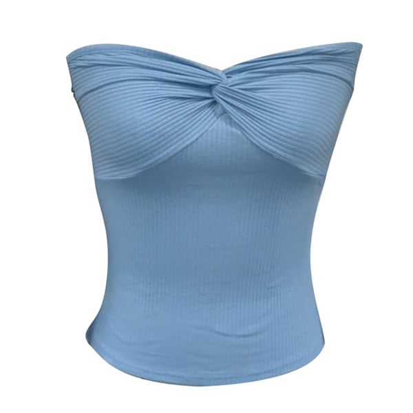 Dam Ribbstickad Tanktop Byst Vridknut Slank Skärning Ren Färg Axelbandslös Ärmlös Topp Ljusblå S