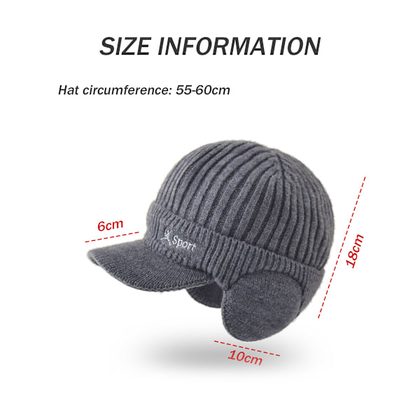 Vinter Beanie med Visir Øreklapper til Mænd Varmt Strikket Hat Udendørs Sport Ski Cykling Hat Fleeceforet Skull Cap