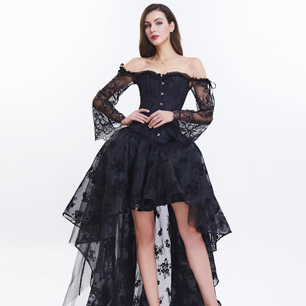Kvinders Steampunk Blonderet Bustier Korset Off Shoulder Top Korset med Høj Lav Skørt Festtøj - Sort