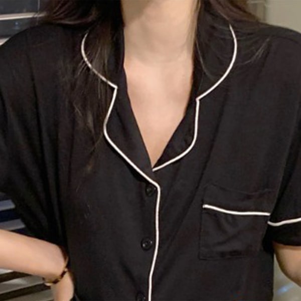 Dam Pyjamas Set Tvådelad Nattkläder Knappar Kortärmad Lounge Nattkläder för Sommar Svart XL