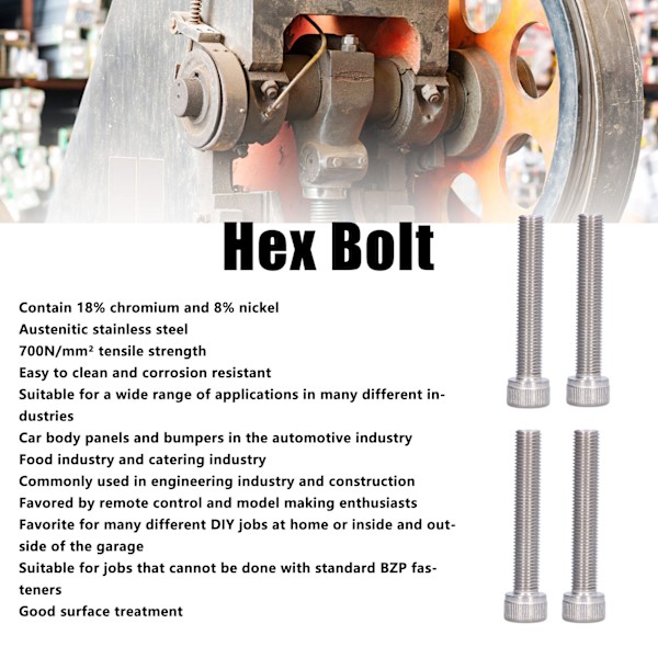 4 stk. Hex Bolt Sokkelskrue A2 Rustfrit Stål 1,25 mm Fin Pitch Fastgørelseshardware M10x60