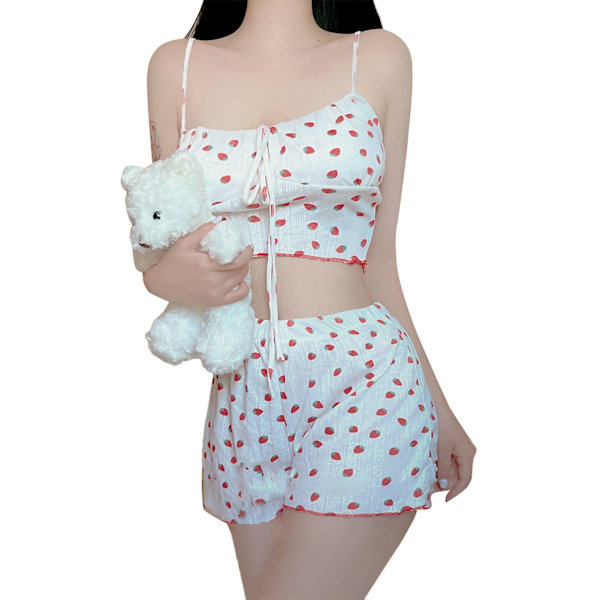 Dam Pyjamas Set med Jordgubbsmönster Spaghettiband Tank Top Shorts Nattkläder Vit XL