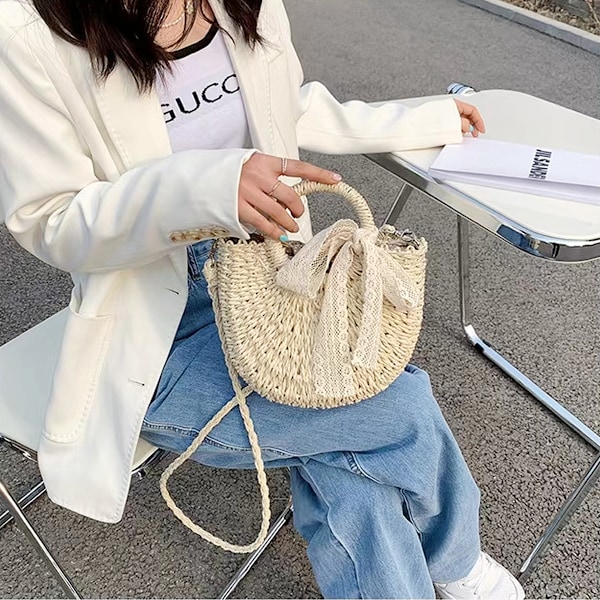 Strandväska i halm för kvinnor, vävd crossbody-väska, axelväska, handväska, plånbok för sommaren