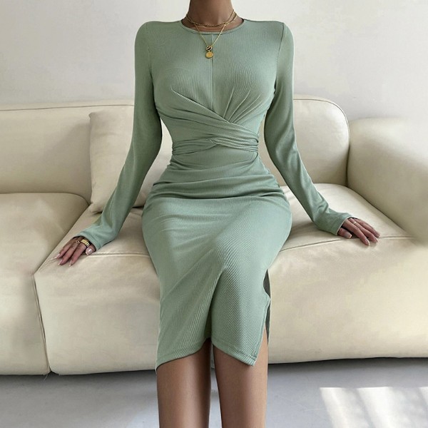 Kvinners Sexy Bodycon Lang Ermet Rundhals Rynket Midje Slank Ribbestrikket Splittet Bodycon Midi Kjole Klubb Mini Kjole Avslappet Lang Kjole