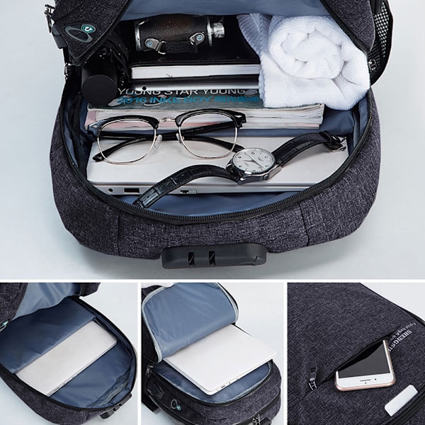 Laptop Ryggsekk for Menn og Kvinner, Reise- og Forretningsryggsekk med USB-Ladingspورت og Tyverisikker Lomme