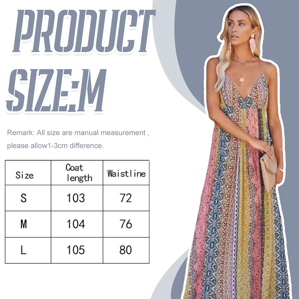 Sommer Maxi Boho Party Lang Kjole til Kvinder Ferie V-hals Spaghettistropper Bohemian Print Blomster Strandkjole