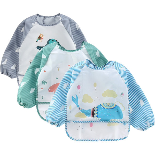 3-pack Baby Långärmad Vattentät Babysallad Fullt Täckande Förkläde Smock Småbarnssallad med Fickor