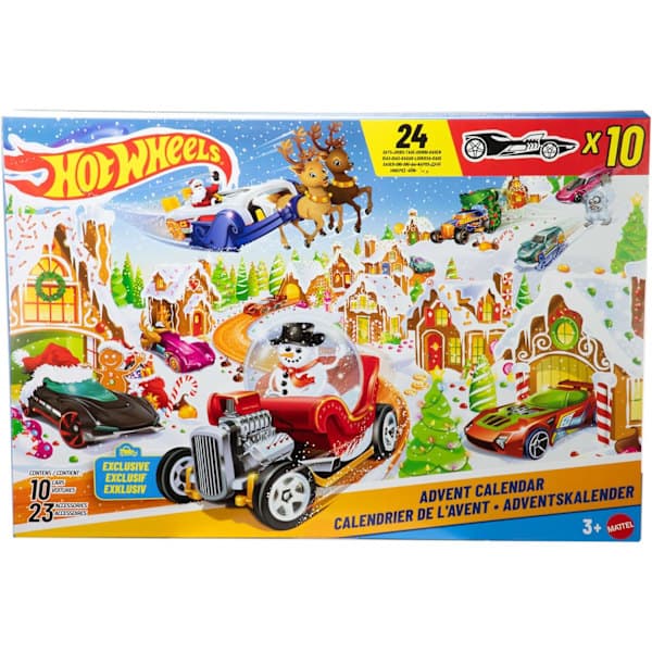 Hot Wheels legetøjsbiler og sæt, 2025 Julekalender, inkluderer 10 legetøjsbiler, 10 dekorative clips og 14 vintertema-tilbehør.