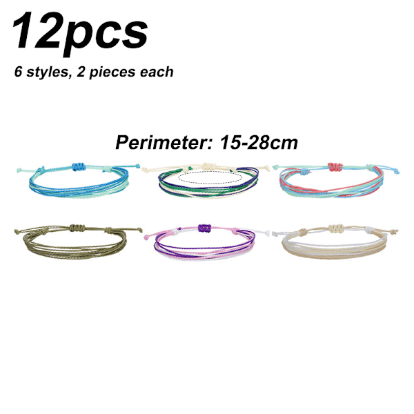 12 stycken flerfärgade strängflätade armband, vattentäta armband för kvinnor, smyckesset