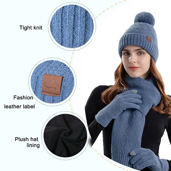 Solid Hatt, Skjerf og Hanske Tredelt Sett - Hanske- og Skjerfsett for Menn, Skjerf-Hanske-Sett for Kvinner