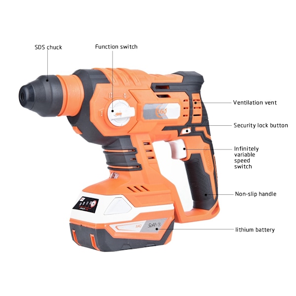 4 i 1 Lithium Batteri Brushless Kordløs Elektrisk Breaker Hammer 0-1400rpm EU-Plugg 100-240V