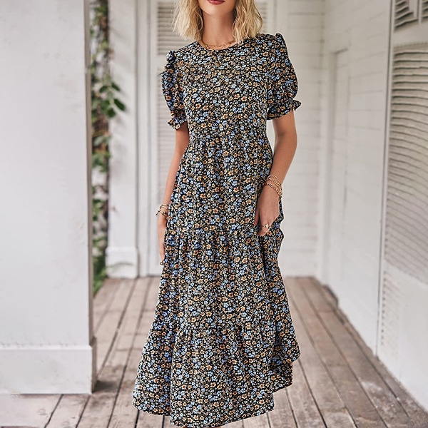 Sommarcasual Boho-klänning för kvinnor, blommig, med volangärmar, hög midja, midi, strandklänning