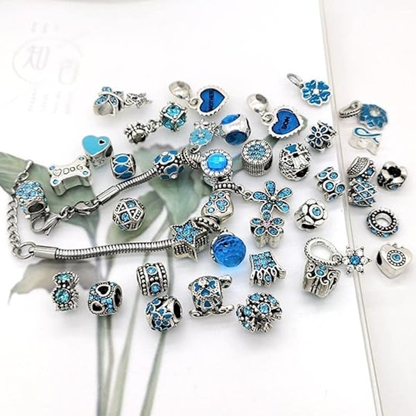 Pakke med 50 europæiske perler, perler med stort hul, rondelle-afstandsperler, blandet, assorterede farver til charms-armbånd