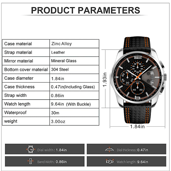 Herrar Klockor Läderband Sport Mode Klänning Casual Analog Kvarts Chronograph Fader Presenter Armbandsur, Urtavla diameter 46mm