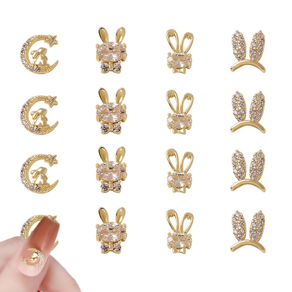 16 st glittrande diamantlegering 3D kanin kristall DIY nageldekoration