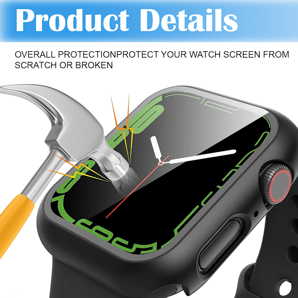 2 kpl Suojakotelo sisäänrakennetulla näytönsuojalla Apple Watch 44 mm -kokoon – Täyspeittävä suoja karkaistulla lasilla, helppo asennus (musta)