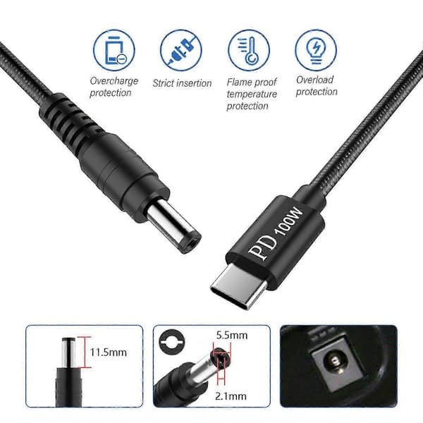 Nylonflettet USB C-kabel PD100W ladekabel for bærbare datamaskiner og elektronikk Lav varmekontroll strømforsyningskabel 6.0x3.7