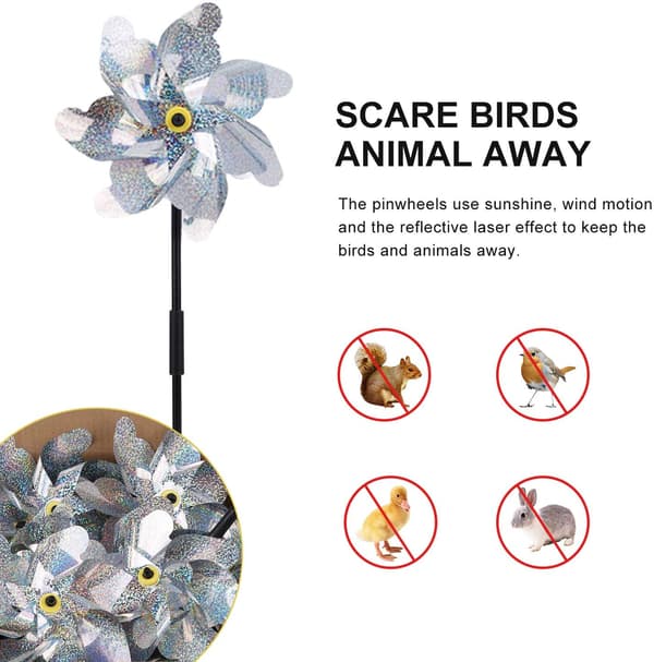 Quality Wind Spinner Bird Repellent, Visual Deterrent Keeps Birds Away, Easy to Install for Gardens & Vegetable Protection (10 pcs)