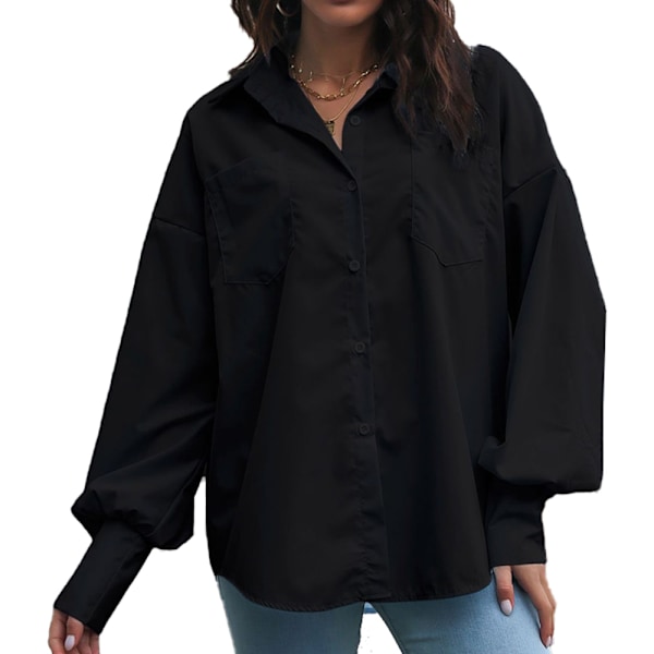 Kvindes Bluser med Knapper Lang/Kort Ærme Kontor Bluser Business Casual Tops Løstsiddende Skjorte - Sort