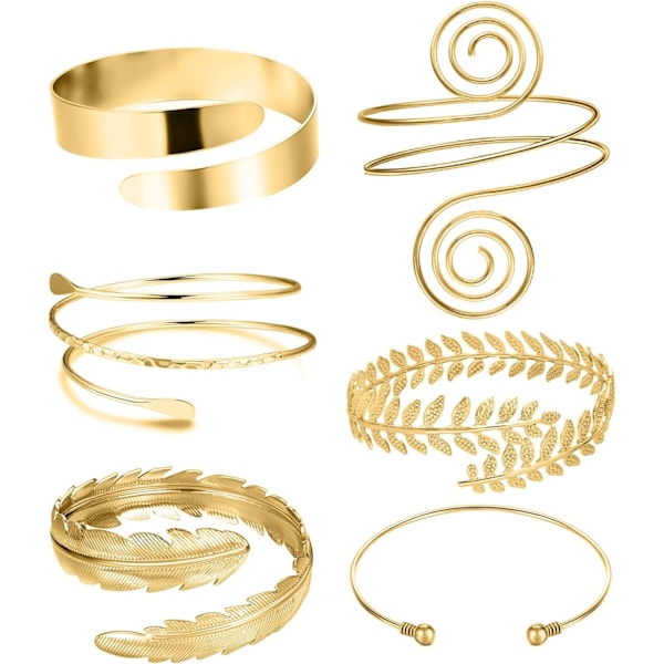 6 stycken armband, överarm med manschettarmband, damer silver guld justerbar armband set