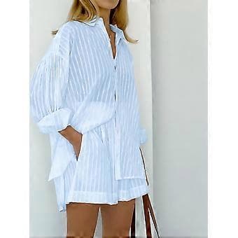 Höst- och vinterdamkläder Randig bubbelärm Shorts Casual Outfit-set (XL Blå)