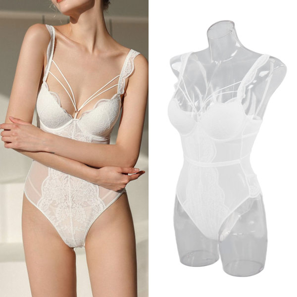Blondering Bodystocking Blød Strækbar Dyb V Stilfuld Kvinder Enkelt Stykke Underundertøj til Bryllupsnat Bryllupsrejse Hvid 80B