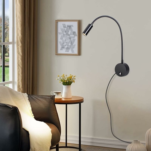 Vägglampa, LED-sänglampa, dimbar touch-omkopplare, USB-laddningsport, 3W, 360° vridbar, stickpropp, kabel, sovrum, 3000-6000K, svart