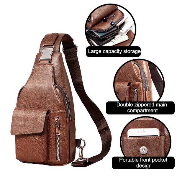 Mænds PU Læder Sling Bag Rejse Crossbody Brysttaske Stor Kapacitet Casual Vandreture Dagrygsæk Anti-tyveri Rygsæk Pung