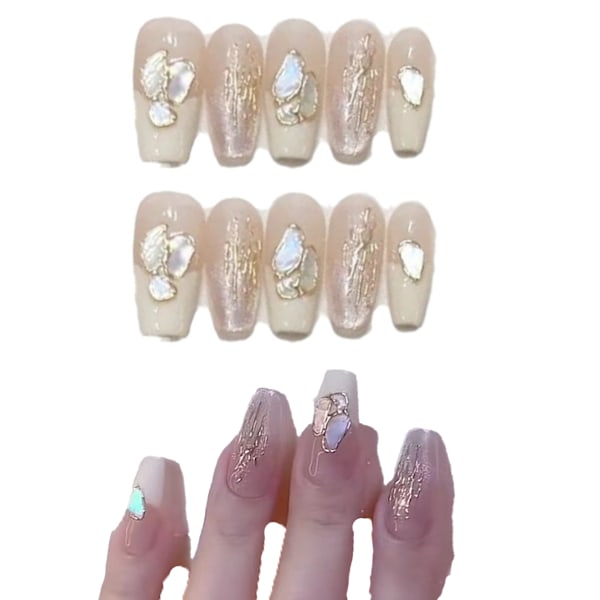 Långa tryckta naglar, Medium Coffin-form, Nagelkonst med 3D Lyxdesign, Återanvändbara Falska Naglar, 10 st med Relaterat Nagelset, 4 Storlekar