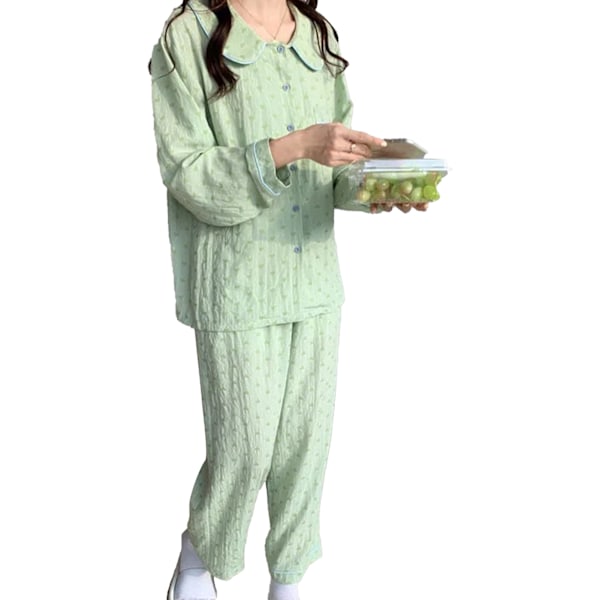Dam Pyjamas Set med Långärmad, Söt Liten Grön Hjärtprint, 2-Delar, Sovrumsplagg för Höst/Vinter, Grön, Storlek L