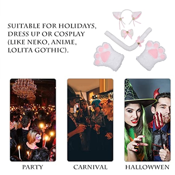 5-delad kattkostym - kattöron och svans, krage, 2 tassar handskar för Halloween-kostymtillbehör