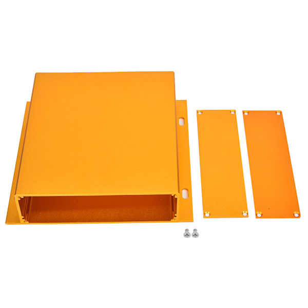 Elektronisk boks i aluminiumlegering, sandblåst oksidert gull, beskyttende etui 39 x 158 x 150mm
