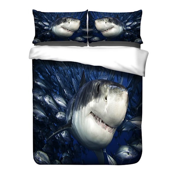 3-deligt mjukt täckeöverdragssats med hajmotiv i 3D, polyester, sängkläder (King Size)