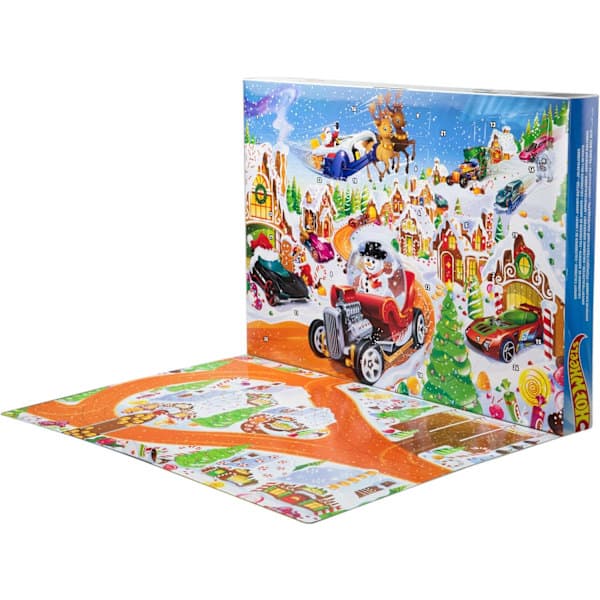 Hot Wheels legetøjsbiler og sæt, 2025 Julekalender, inkluderer 10 legetøjsbiler, 10 dekorative clips og 14 vintertema-tilbehør.
