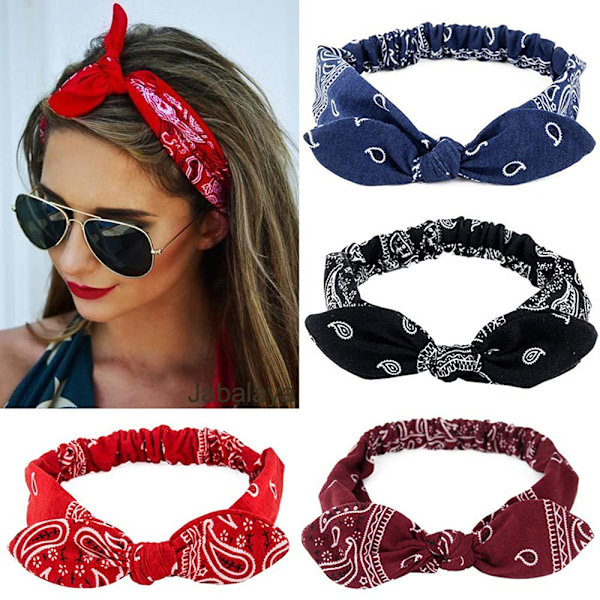 6-pack elastiska paisley-bandana-knut-pannband med kaninöron