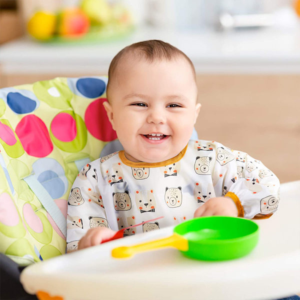 2 stk. Langarmet Smekke Sett | Baby Vanntette Smekker med Lommepakke | Småbarns Smekke med Ermer og Smulefanger | Flekk- og Luktresistent